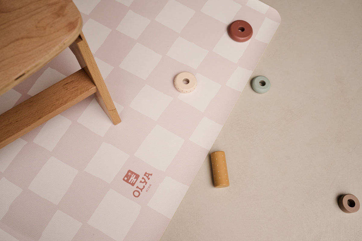 Kids Mealtime Floor Mat, Non-Slip & Waterproof - Chess Pink Beige
