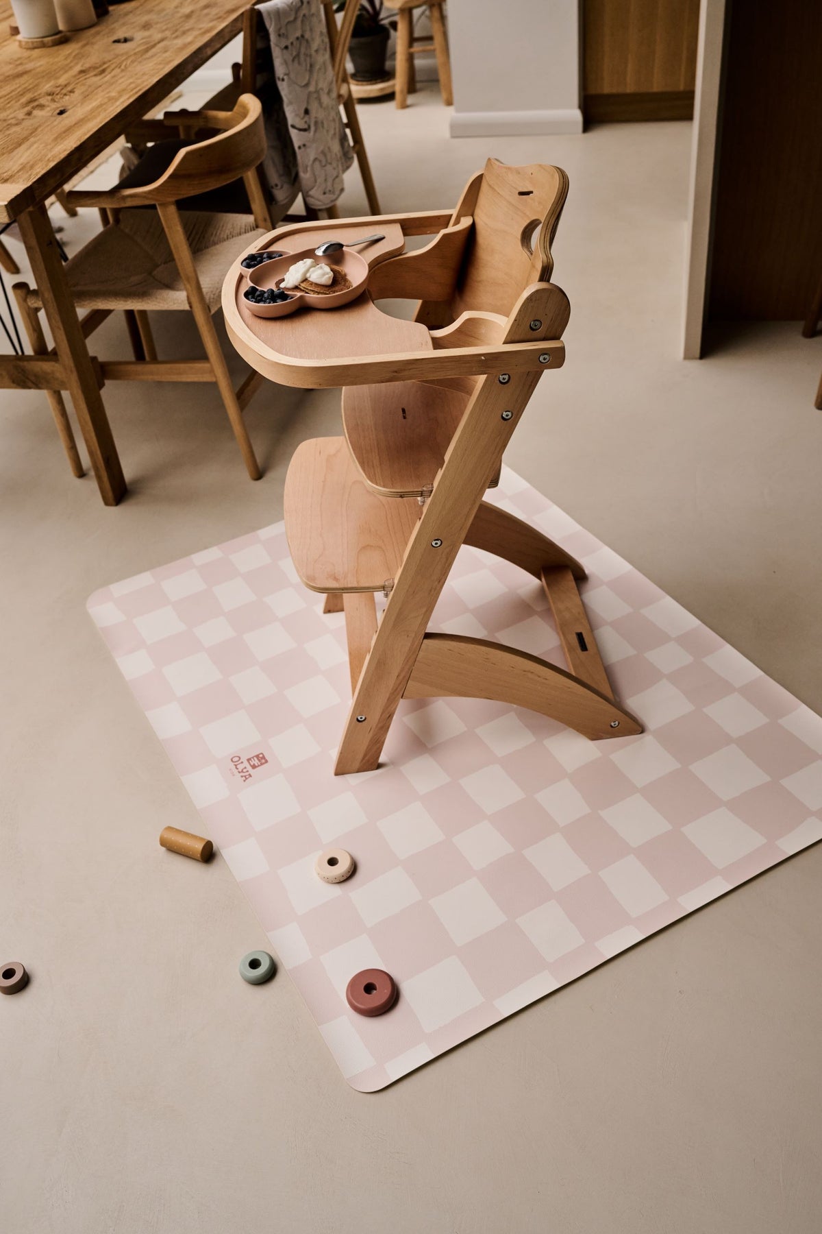 Kids Mealtime Floor Mat, Non-Slip & Waterproof - Chess Pink Beige